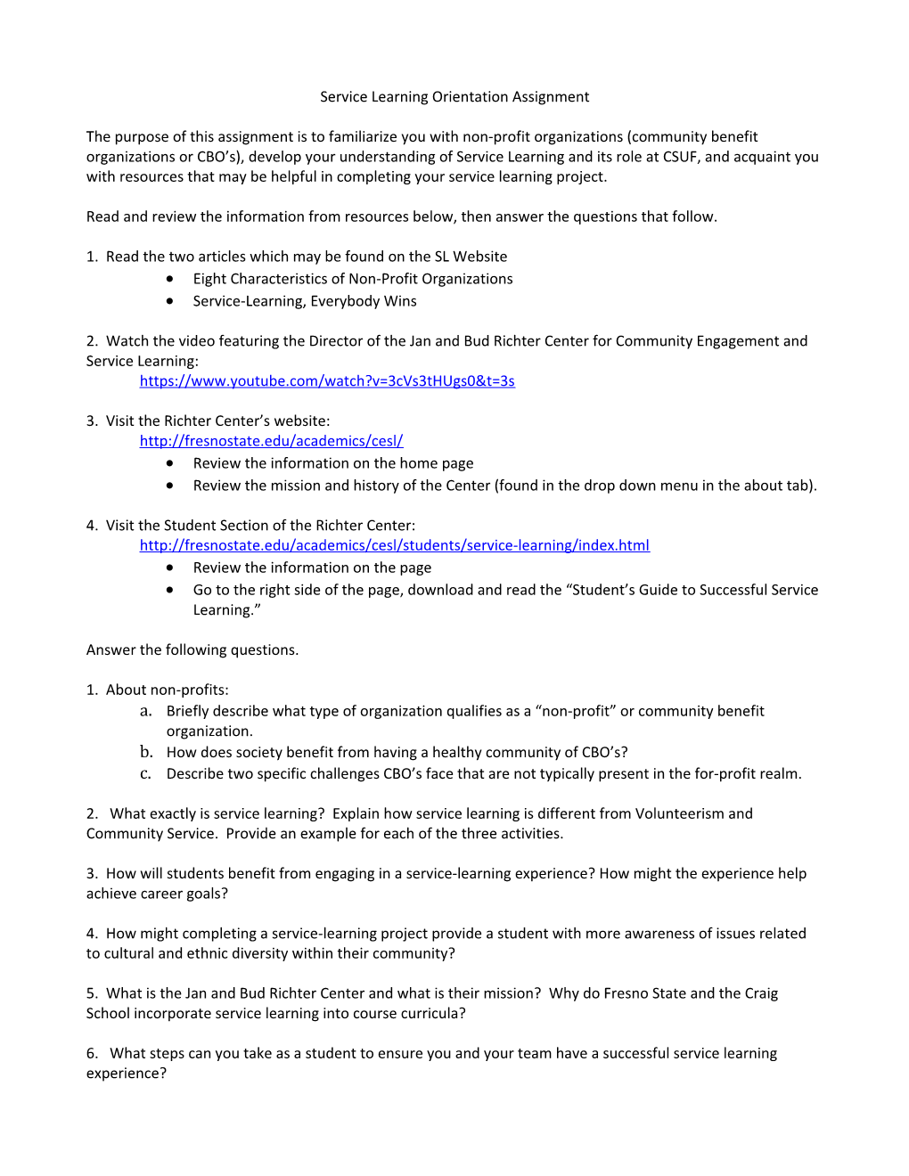 Service Learning Orientation Assignment