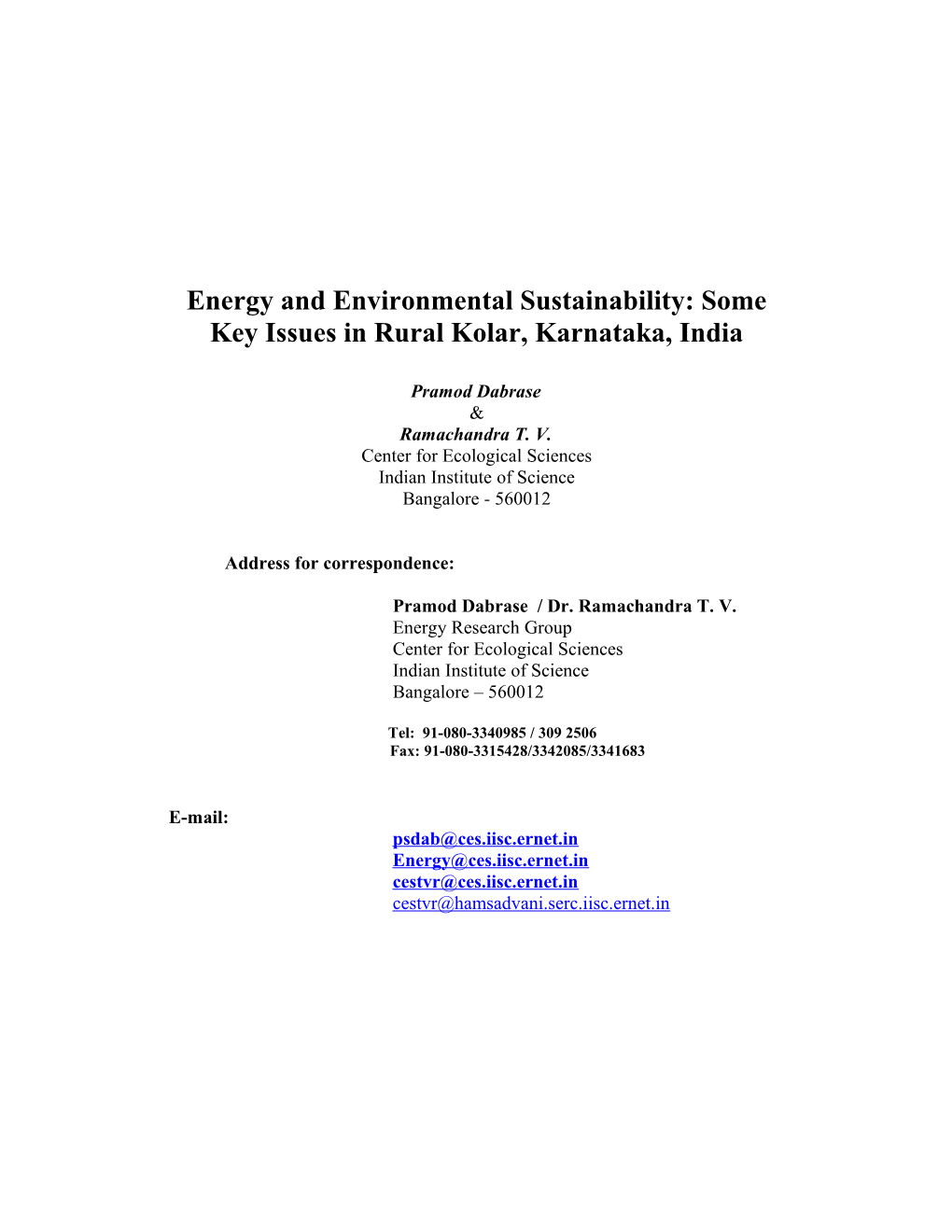 Energy and Environmental Sustainability: Some Key Issues in Rural Kolar, Karnataka, India