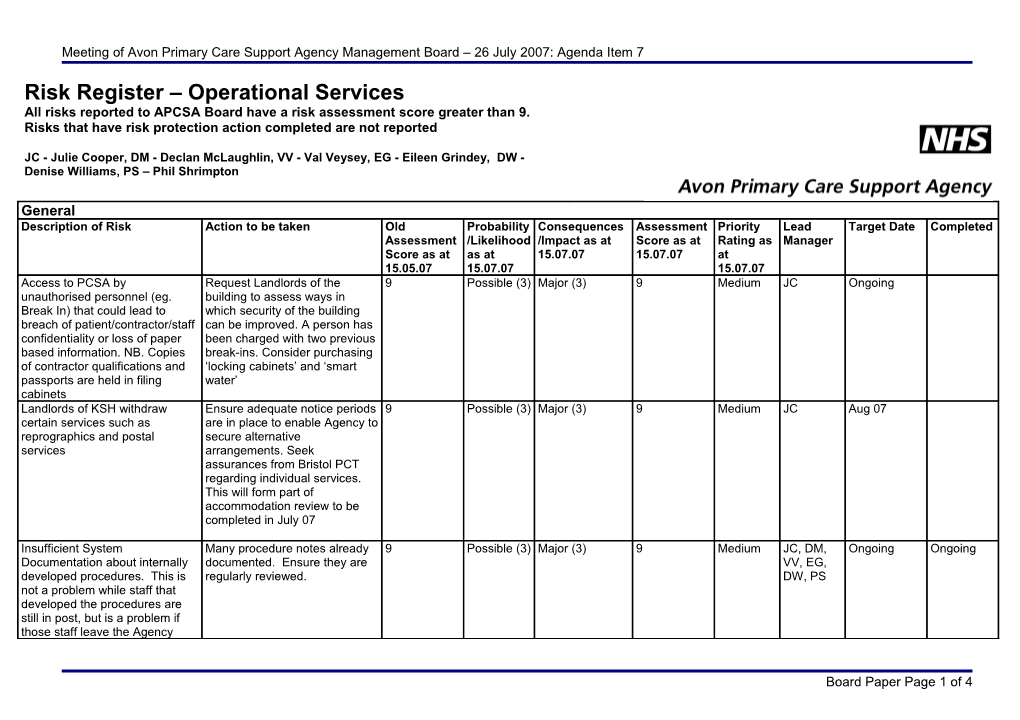 Risk Register Operational Services