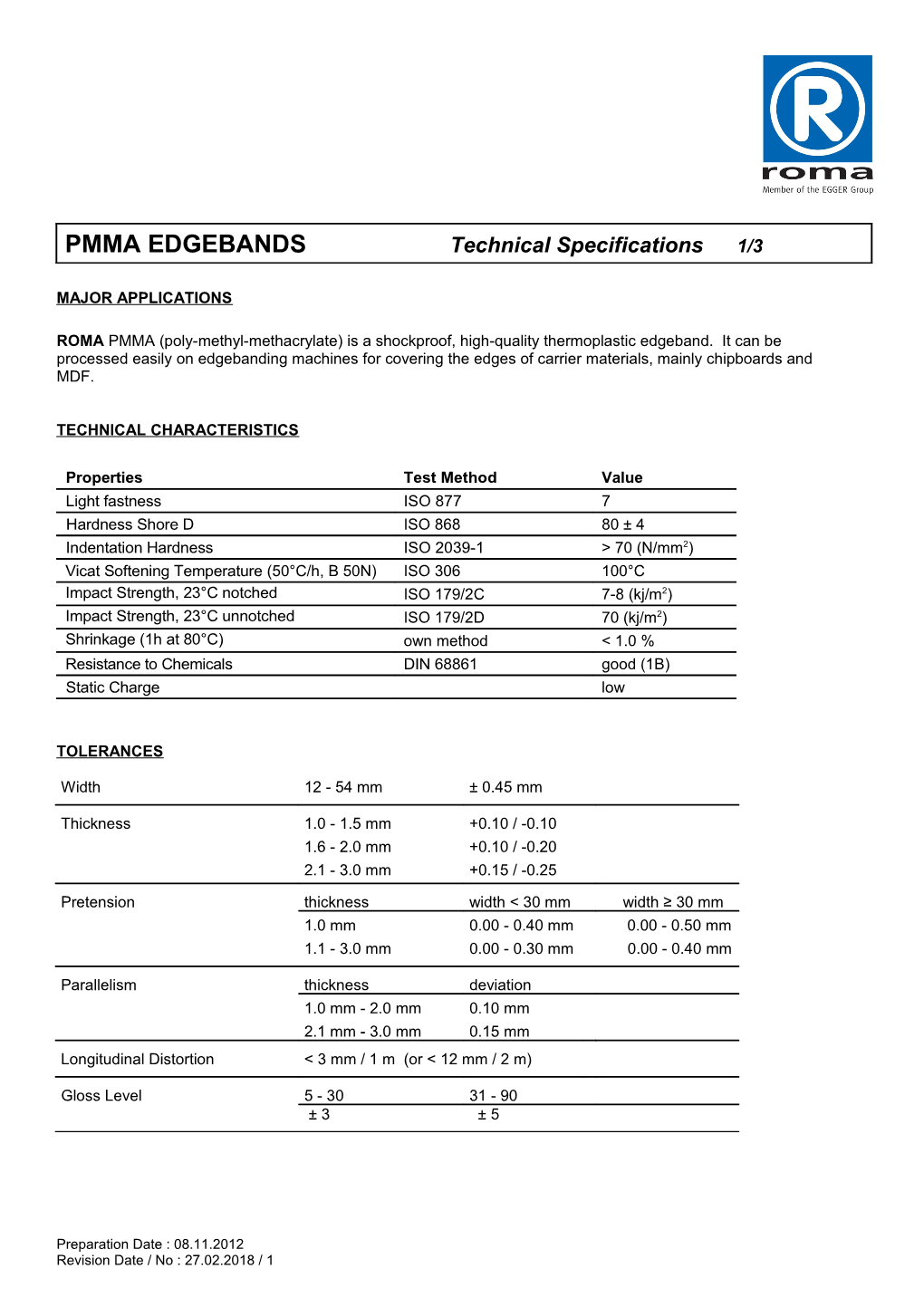 PMMA Edgebandstechnical Specifications 1/3