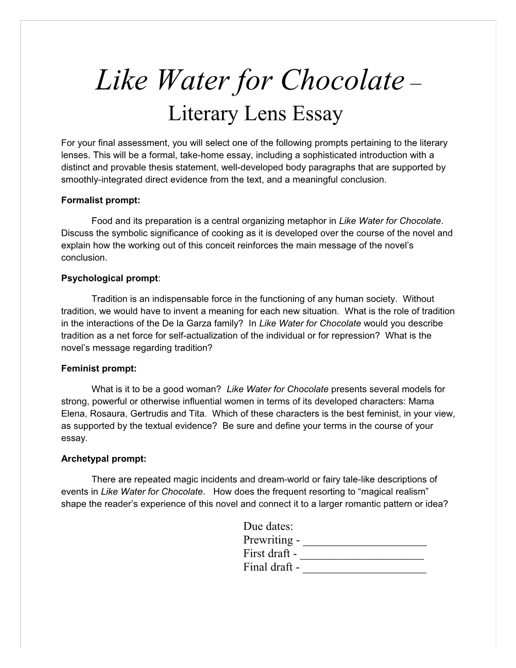 Like Water for Chocolate Literary Lens Essay