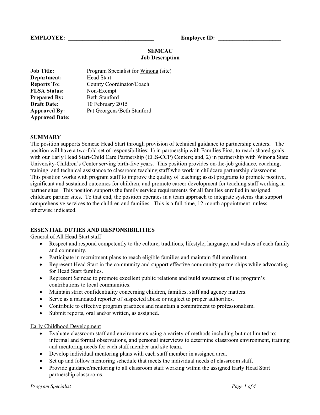 Job Title:Program Specialist for Winona (Site)