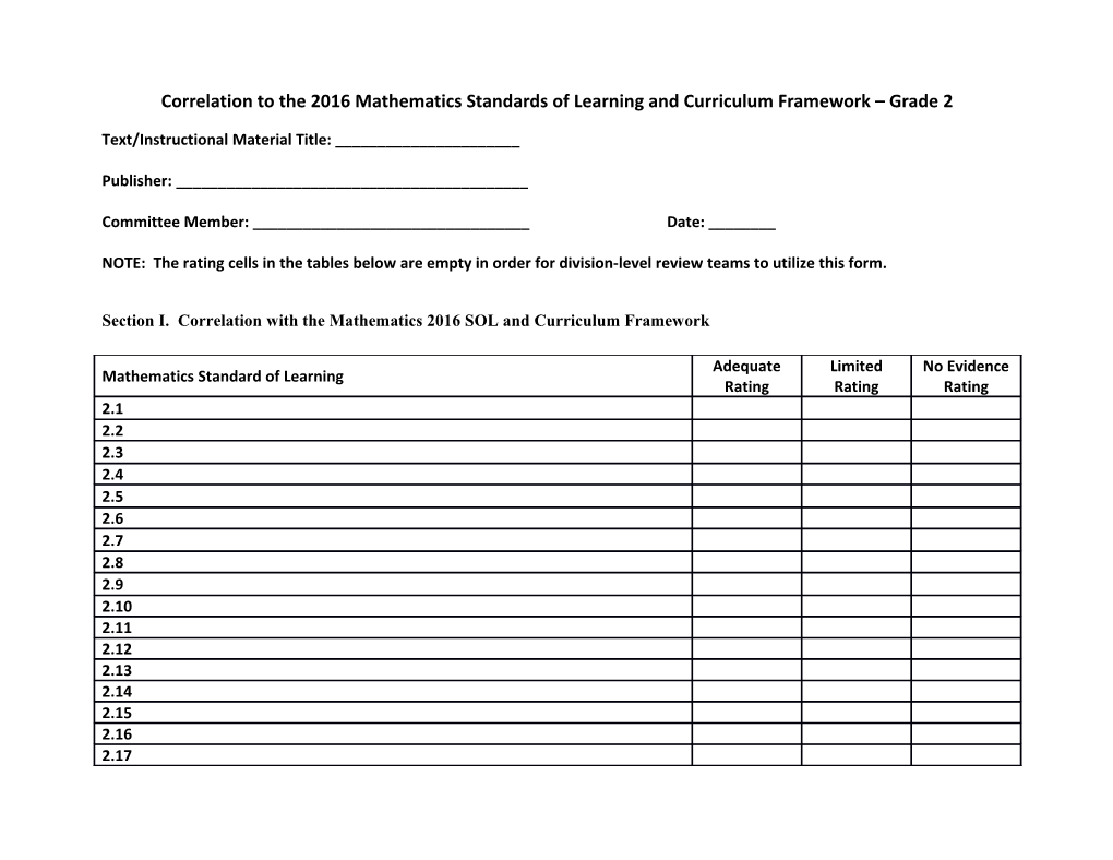 Grade 2 Textbook Correlation Form