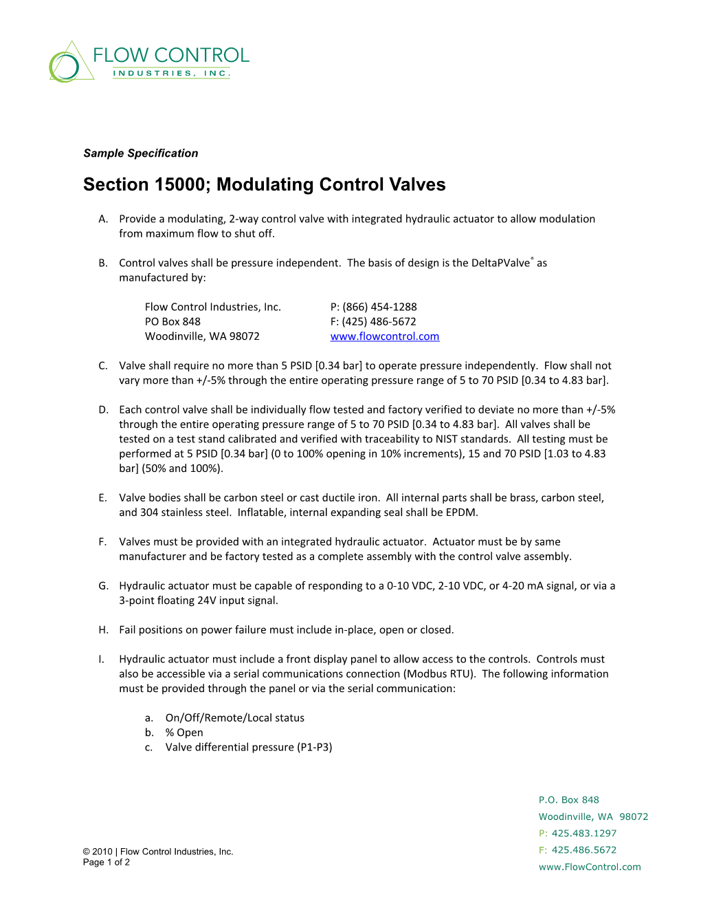 Section 15000; Modulating Control Valves