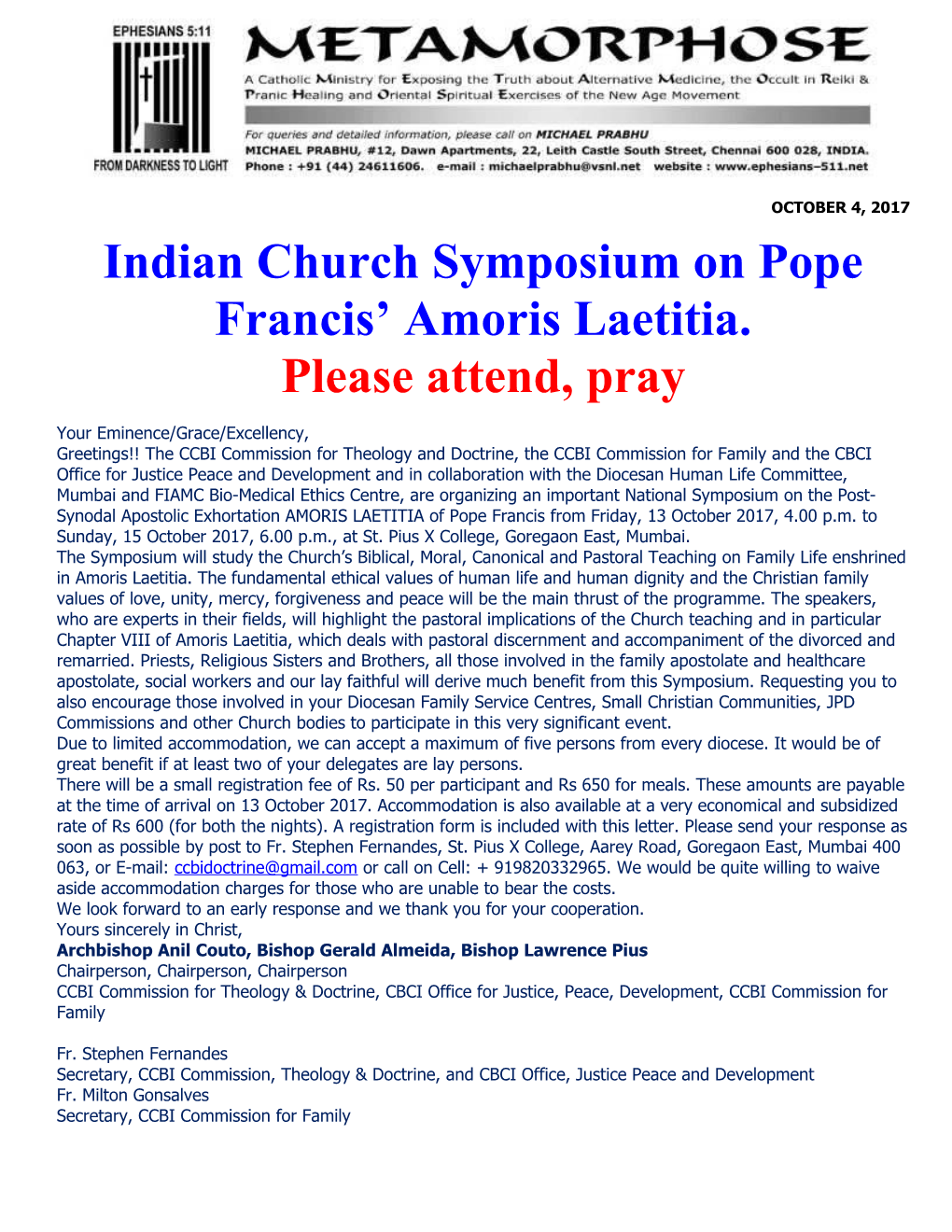 Indian Church Symposium on Pope Francis Amoris Laetitia