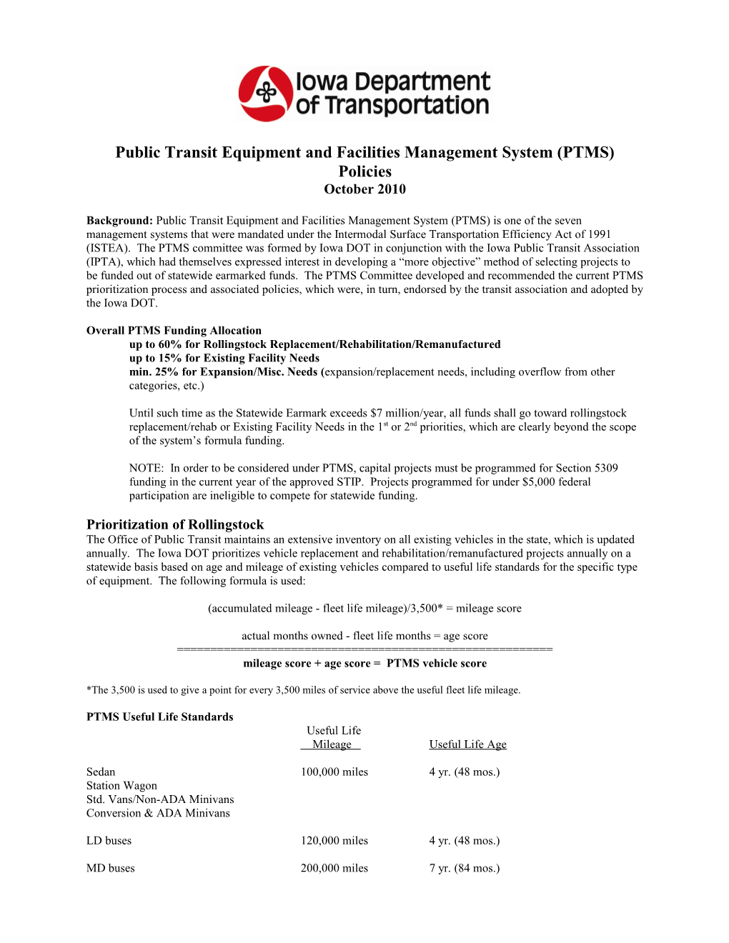 Public Transit Equipment and Facilities Management System (PTMS) Policies