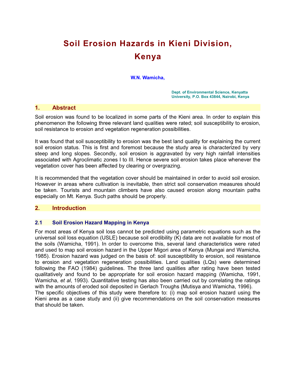 Soil Erosion Hazard in Kieni Division, Kenya