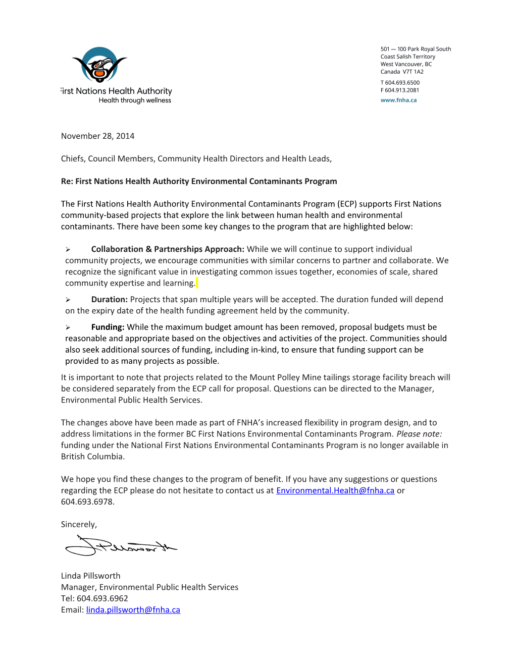 Re: First Nations Health Authority Environmental Contaminants Program