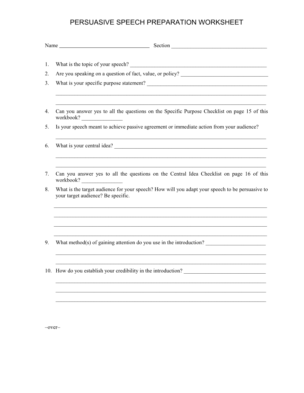 Persuasive Speech Preparation Worksheet