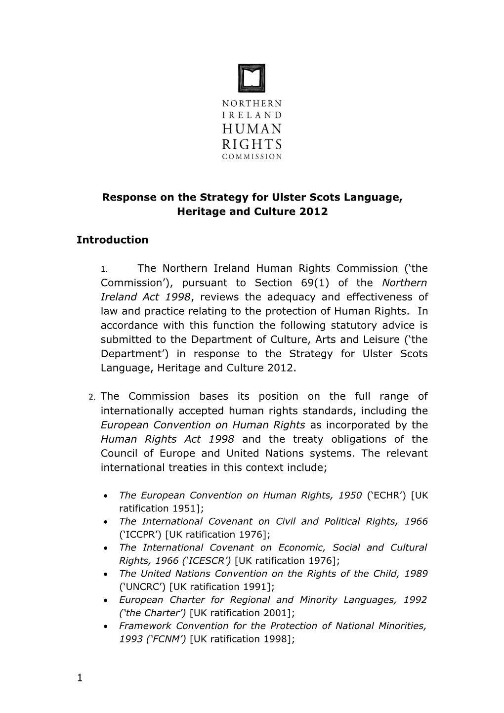 Response on the Strategy for Ulster Scots Language, Heritage and Culture 2012