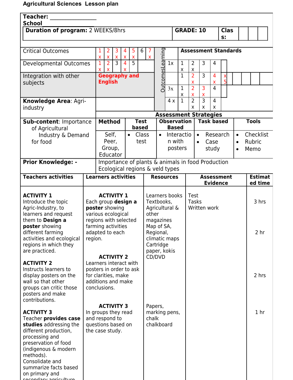 Lesson Plan Format for Agricultural Sciences