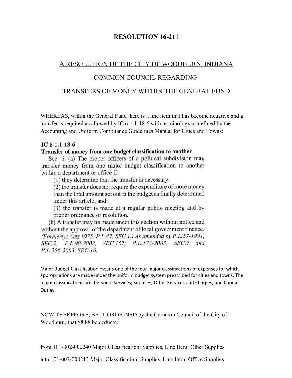 A Resolution of the City of Woodburn, Indiana