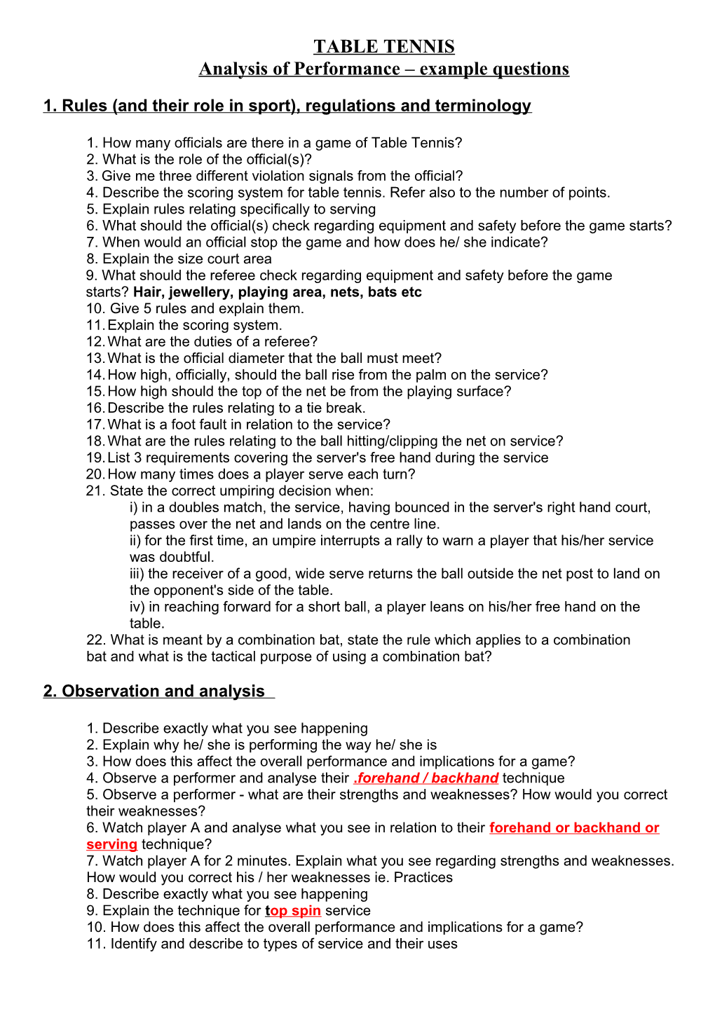 Analysis of Performance Example Questions