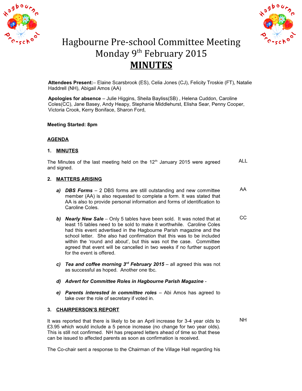 MINUTES of Hagbourne Pre-School General Committee Meeting Held on Monday 14Th May 2007