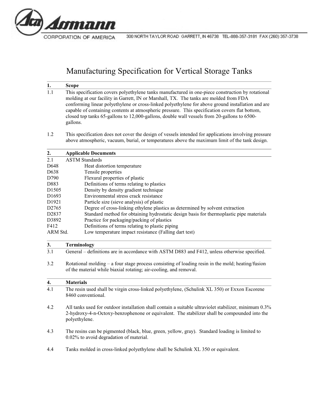 Manufacturing Specification for Vertical Storage Tanks