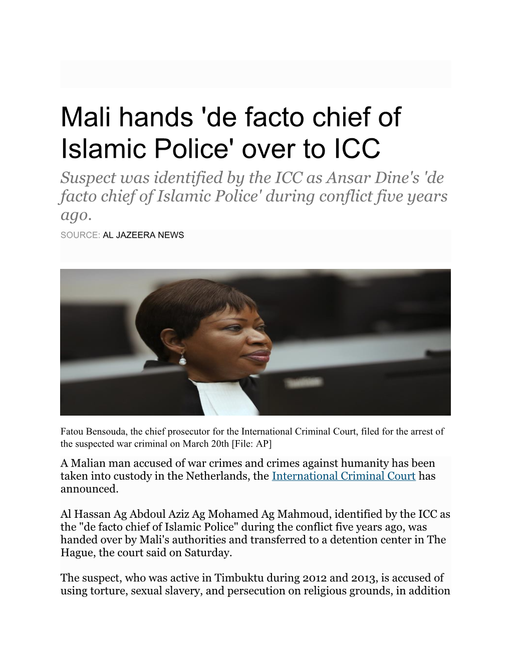 Mali Hands 'De Facto Chief of Islamic Police' Over to ICC