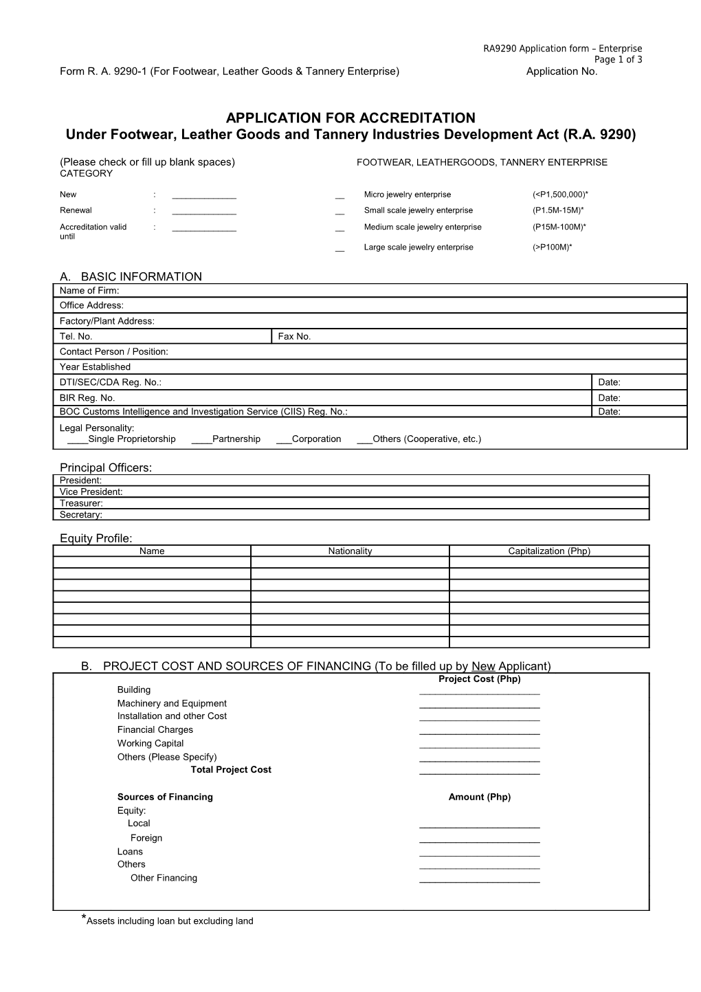 Form R. A. 9290-1 (For Footwear, Leather Goods & Tannery Enterprise)Application No