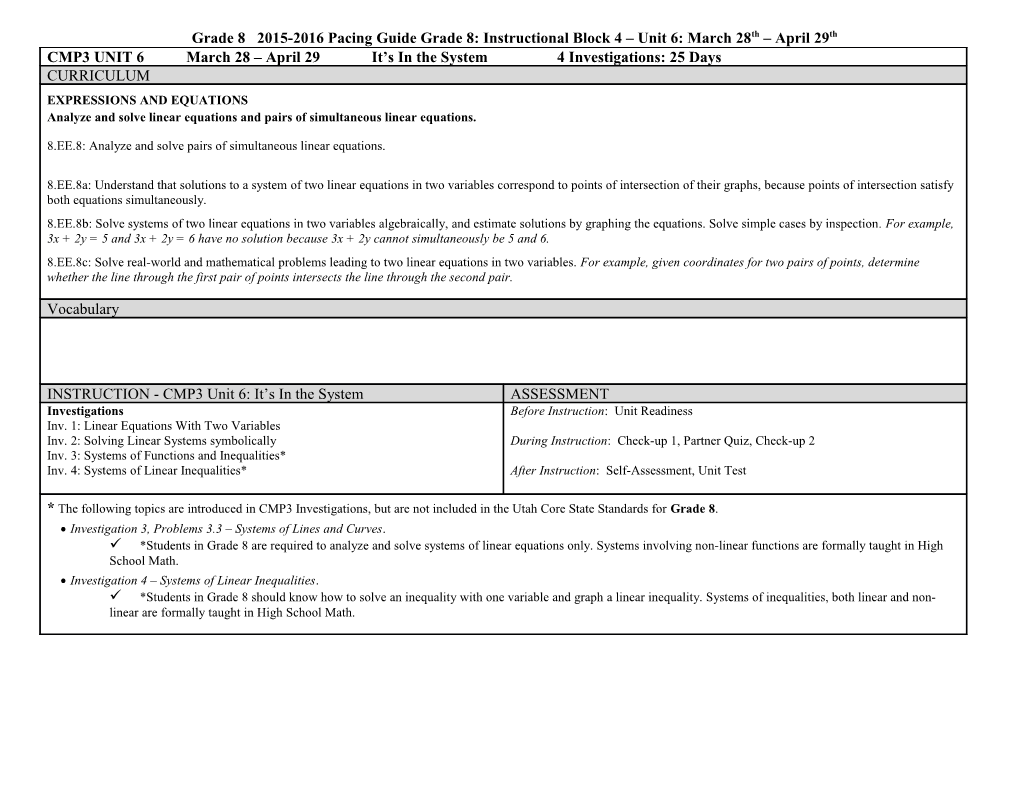 Grade 8 2015-2016 Pacing Guide Grade 8: Instructional Block 4 Unit 6: March 28Th April 29Th