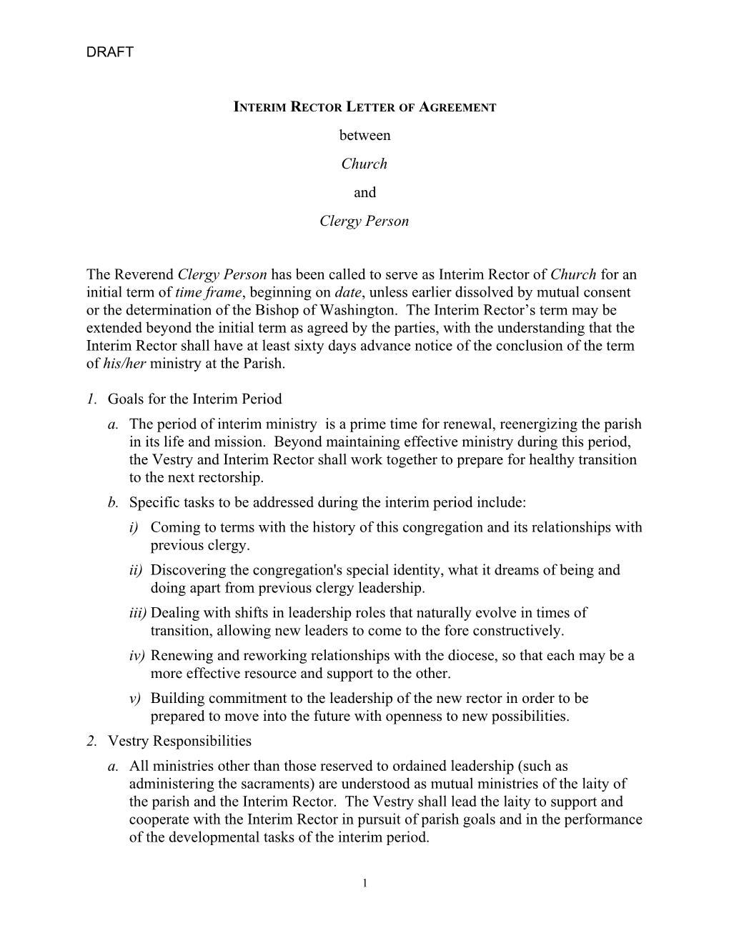 Appendix D: Interim Pastor Model Letter of Agreement