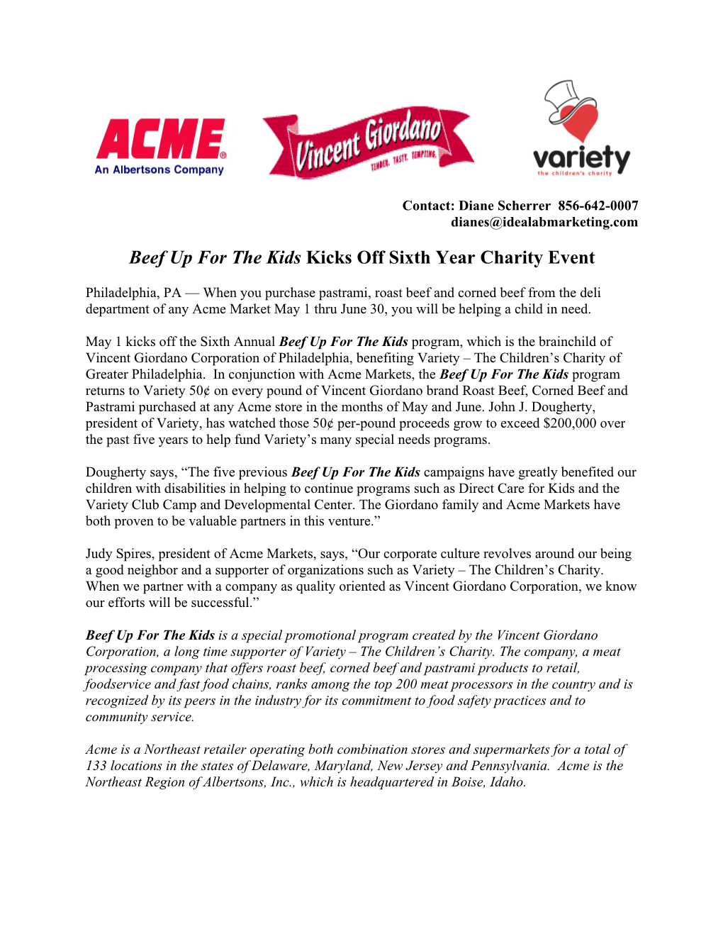 Variety Club Delaware Valley Tent Announces the May 1, 2004 Launch of the 4Th Annual Beef