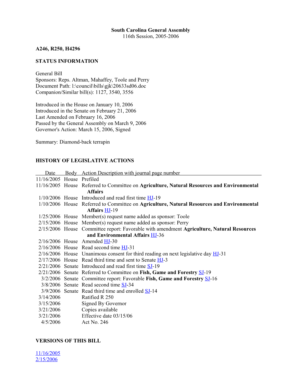 2005-2006 Bill 4296: Diamond-Back Terrapin - South Carolina Legislature Online