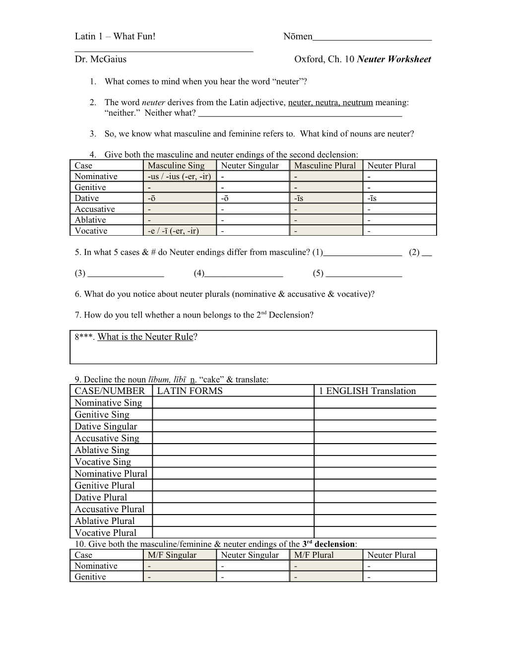 Dr. Mcgay Ch. 10 Worksheet Neuter Noun/Adj Endings