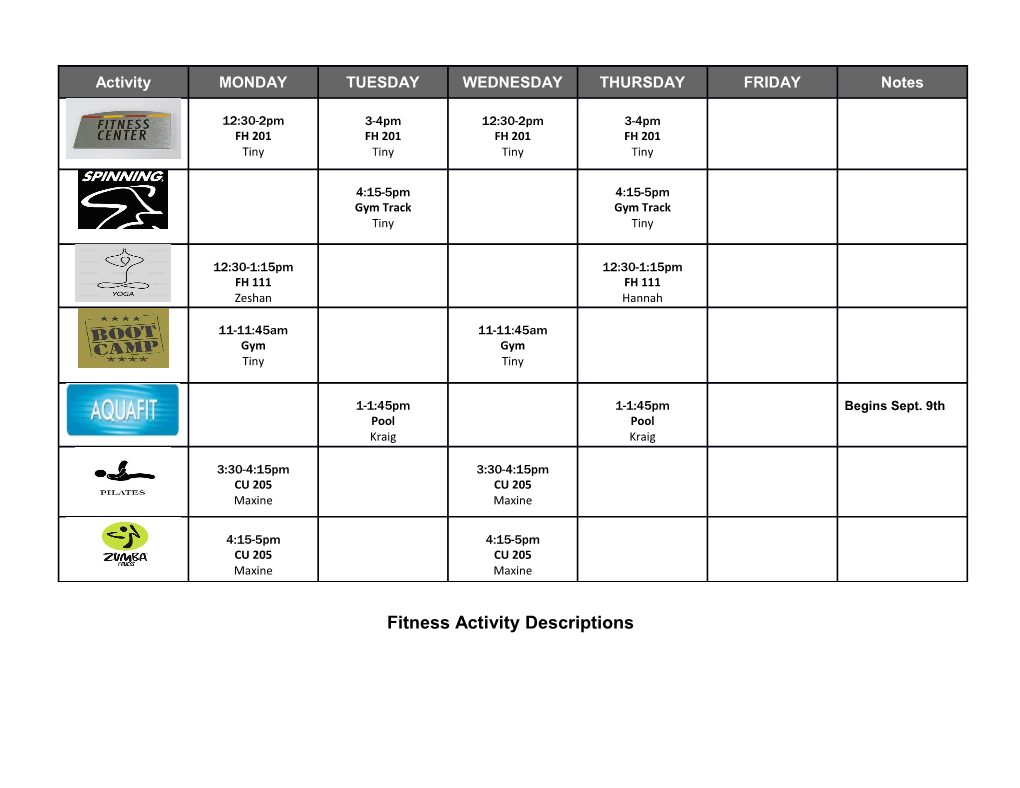 Fitness Activity Descriptions