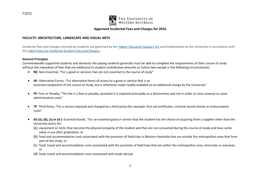 Approved Incidental Fees and Charges for 2016