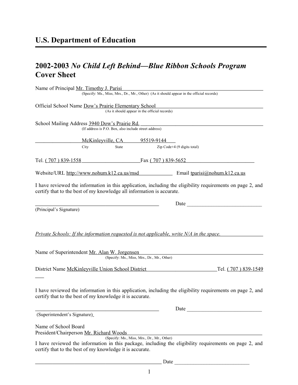 Dow's Prairie Elementary School 2003 No Child Left Behind-Blue Ribbon School (Msword)