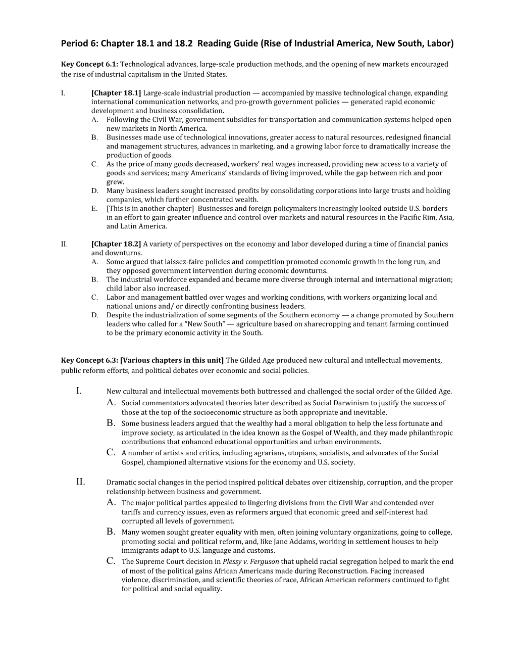 Period 6: Chapter 18.1 and 18.2 Reading Guide (Rise of Industrial America, New South, Labor)