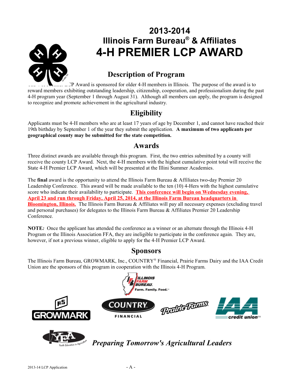 2001-02 IFB & Affiliates 4-H Premier LCP AWARD PROGRAM Template