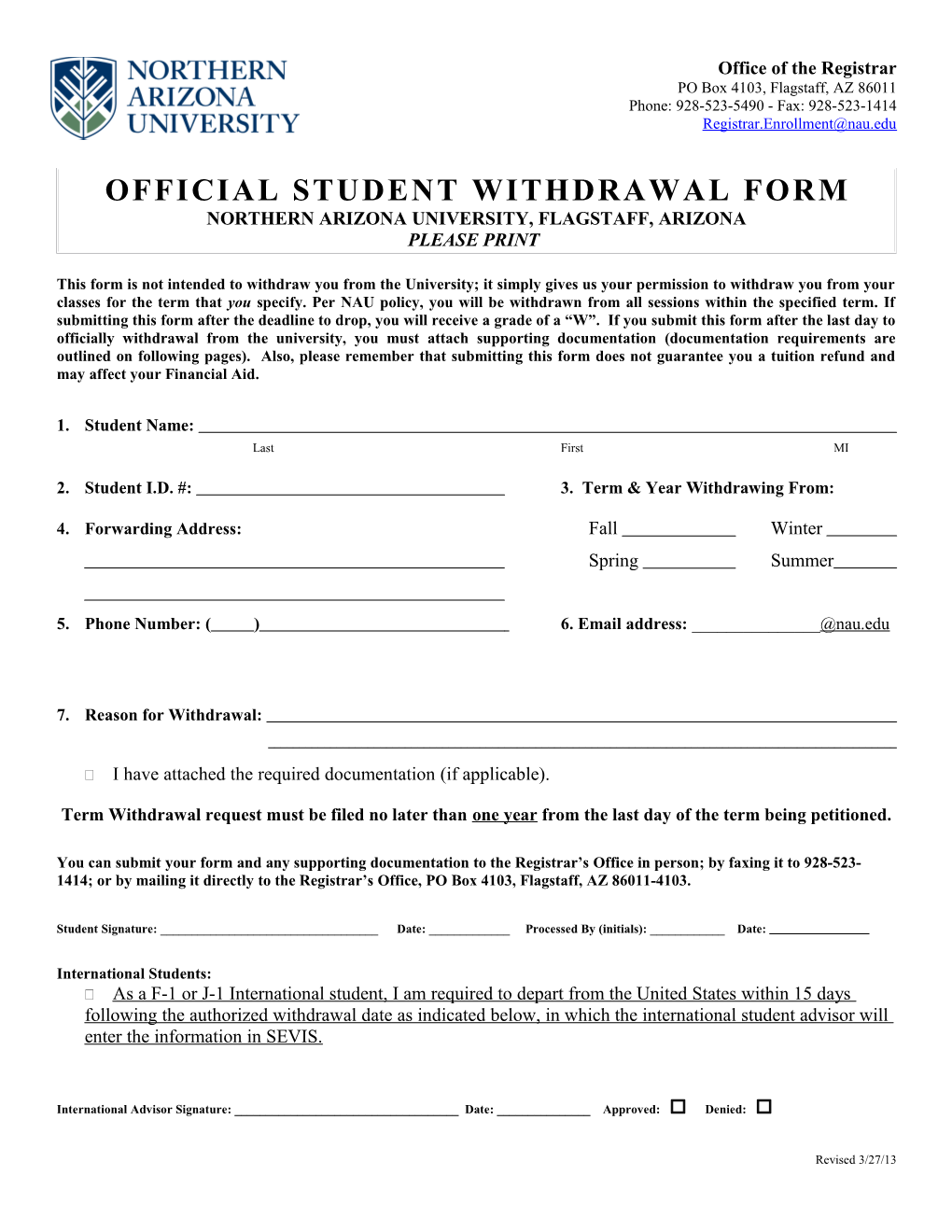 Official Student Withdrawal Form