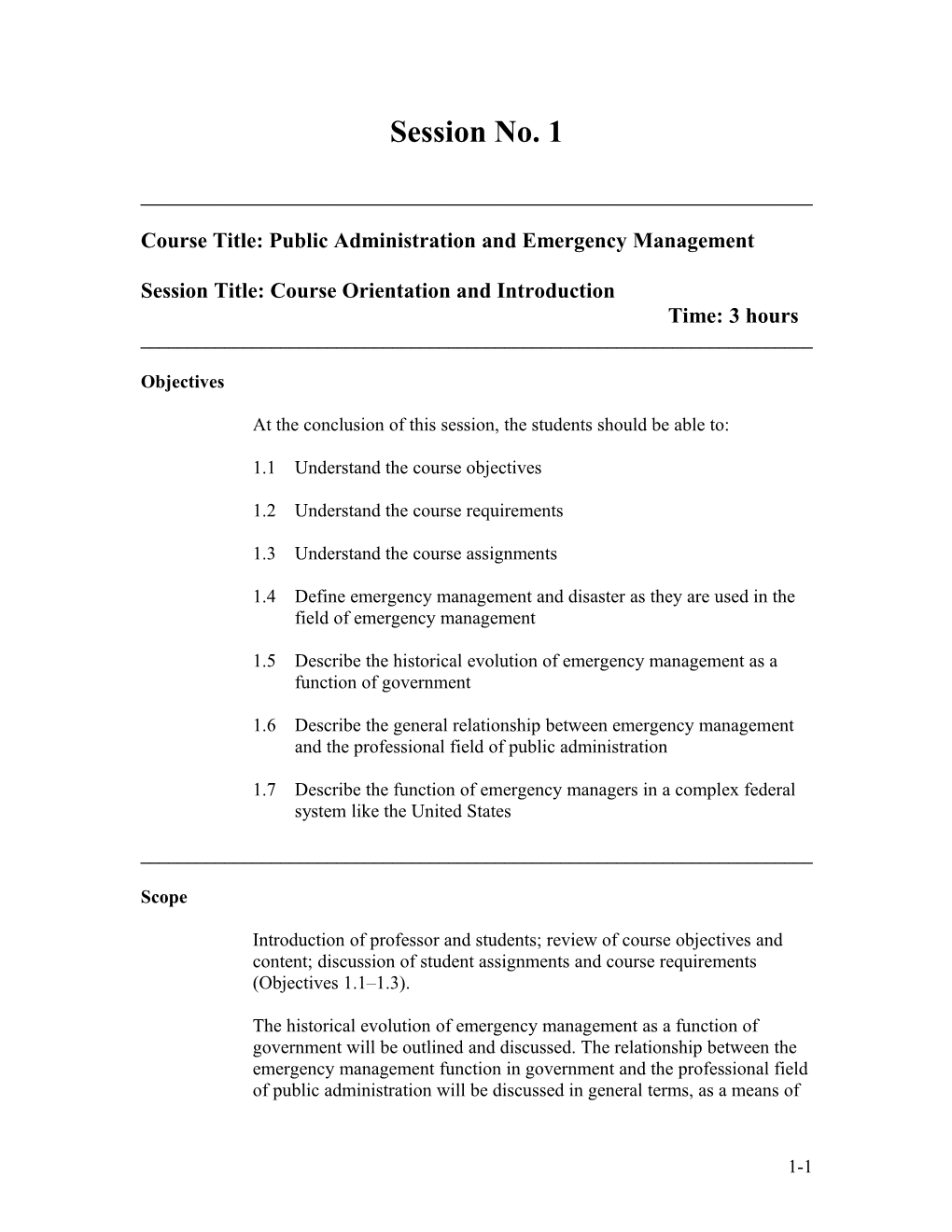 Course Title: Public Administration and Emergency Management