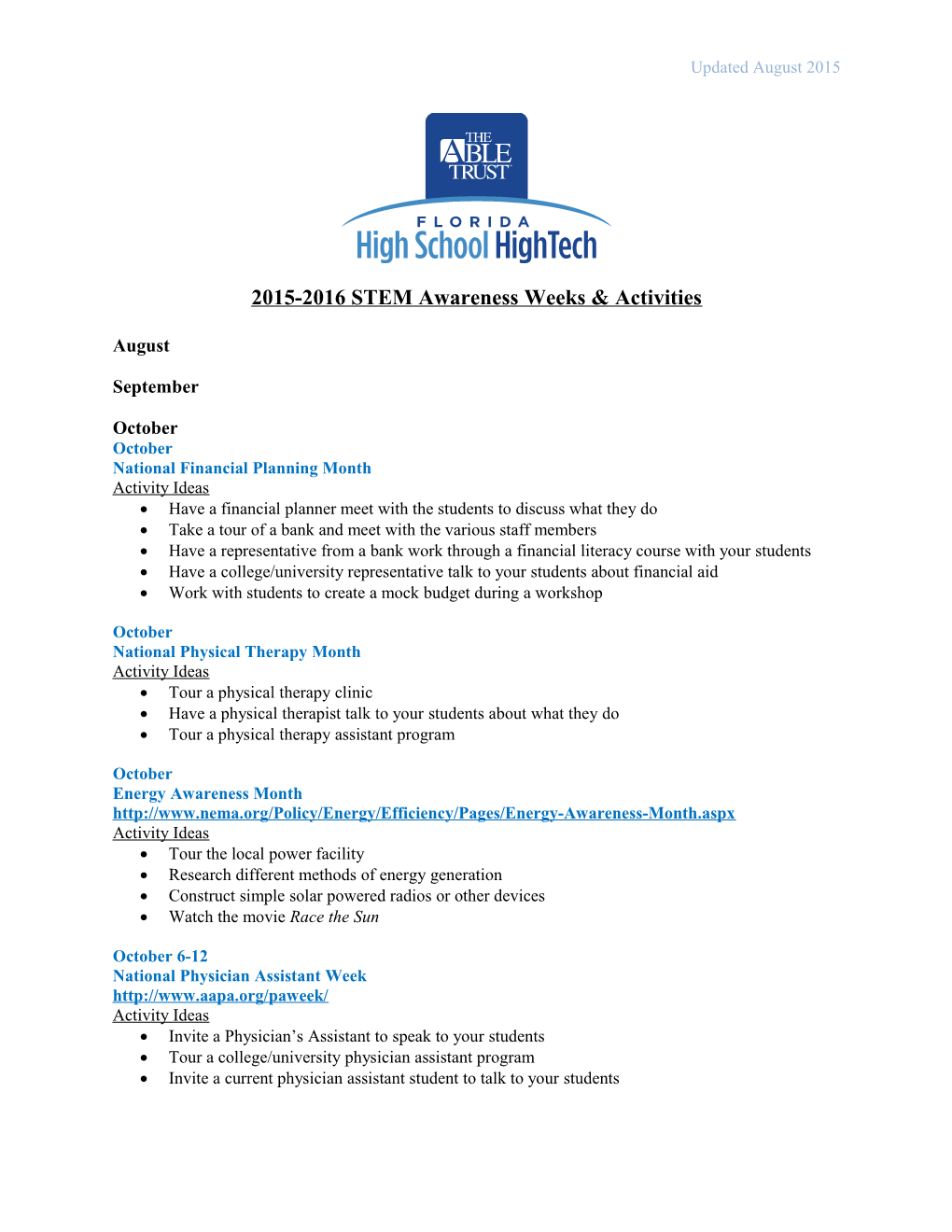 2015-2016 STEM Awareness Weeks & Activities