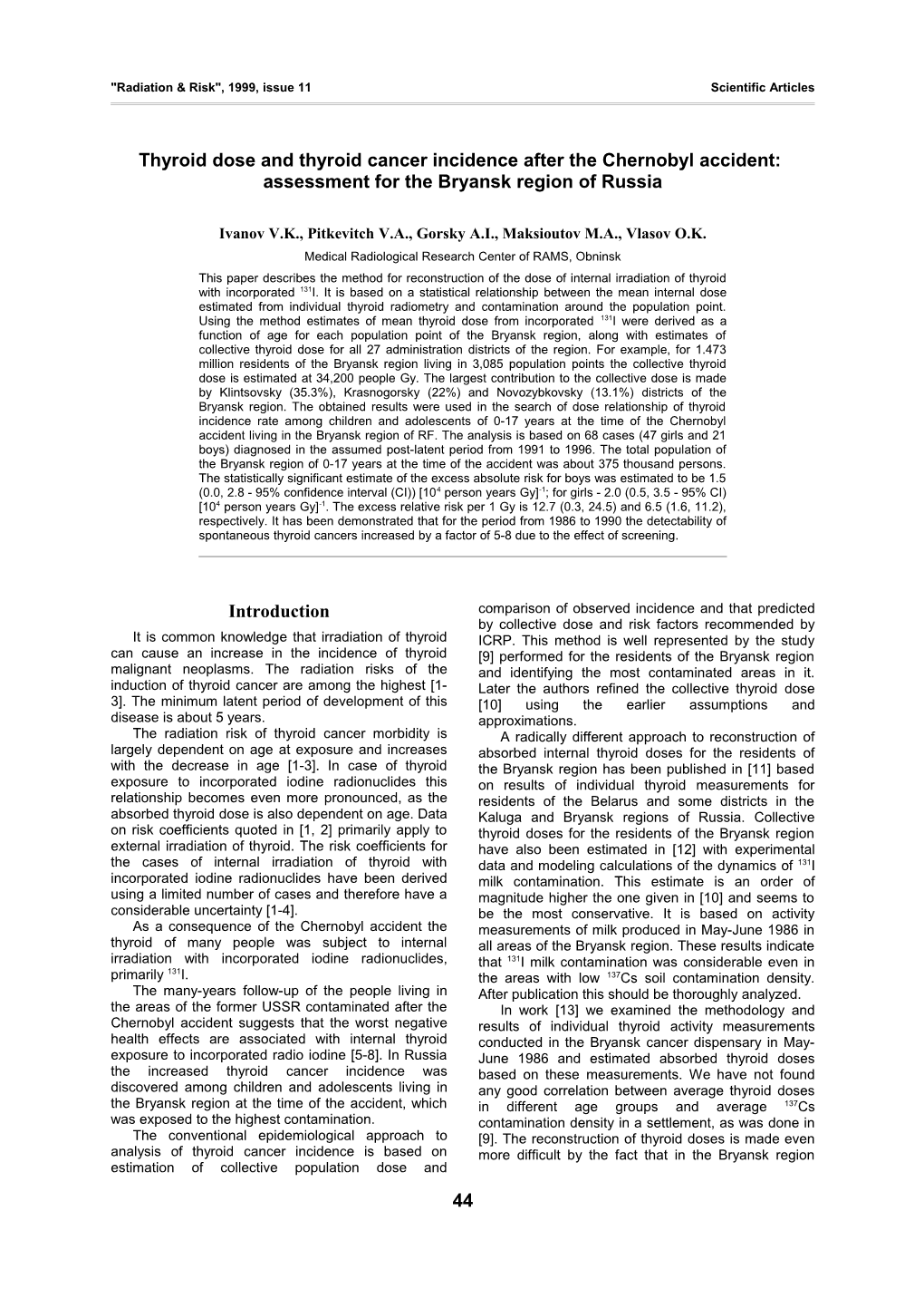 Radiation & Risk , 1999, Issue 11 Scientific Articles