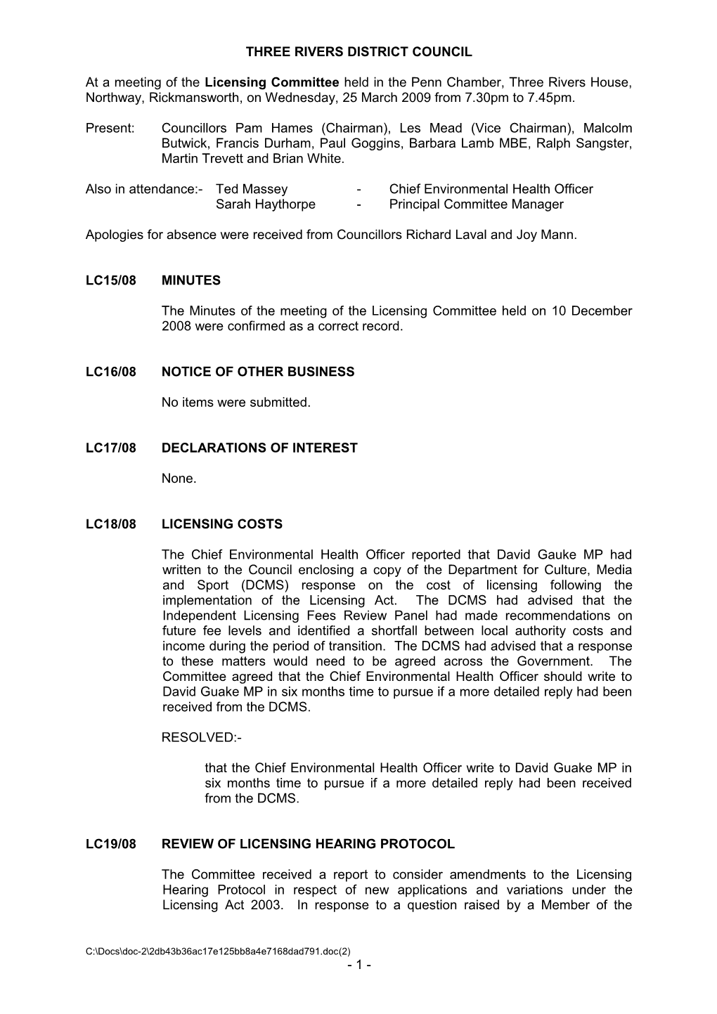 Minutes: Licensing Cttee 25.03.09