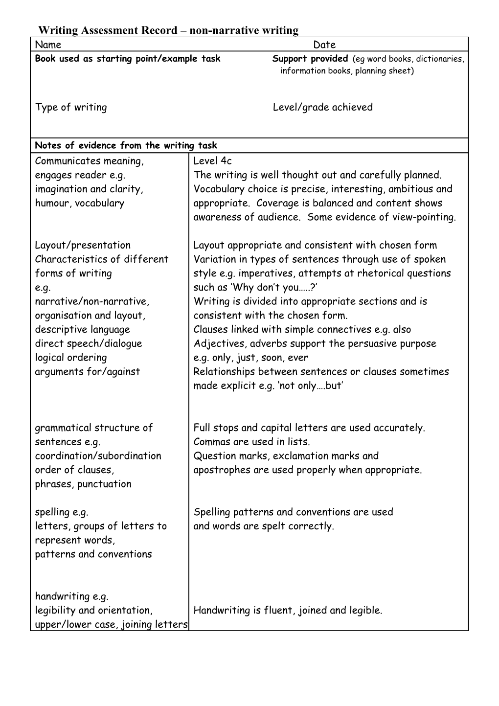 Writing Assessment Record Non-Narrative Writing