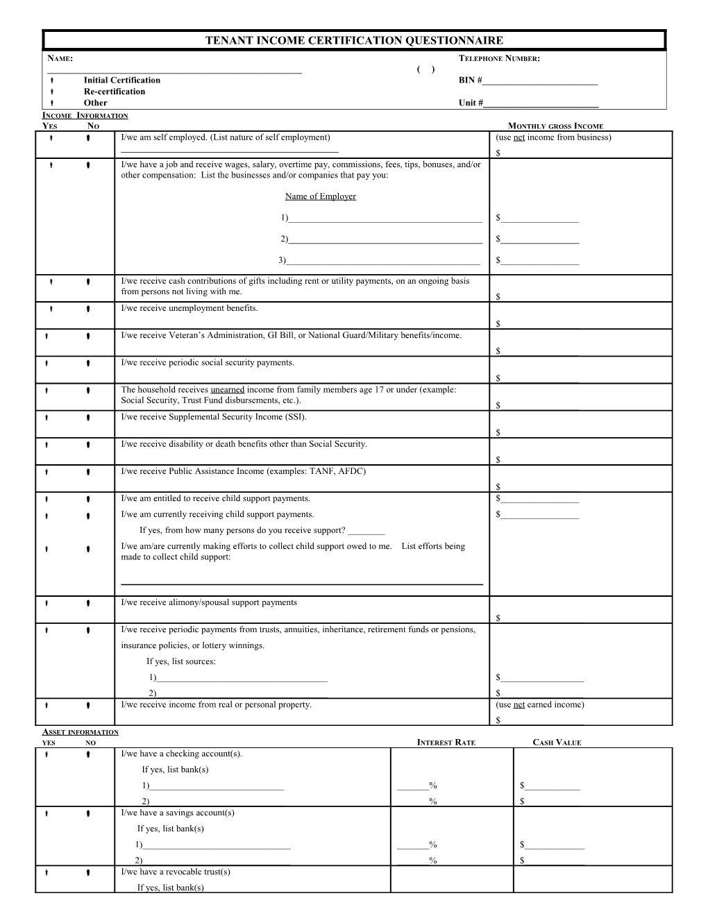 Tenant Income Certification Questionnaire