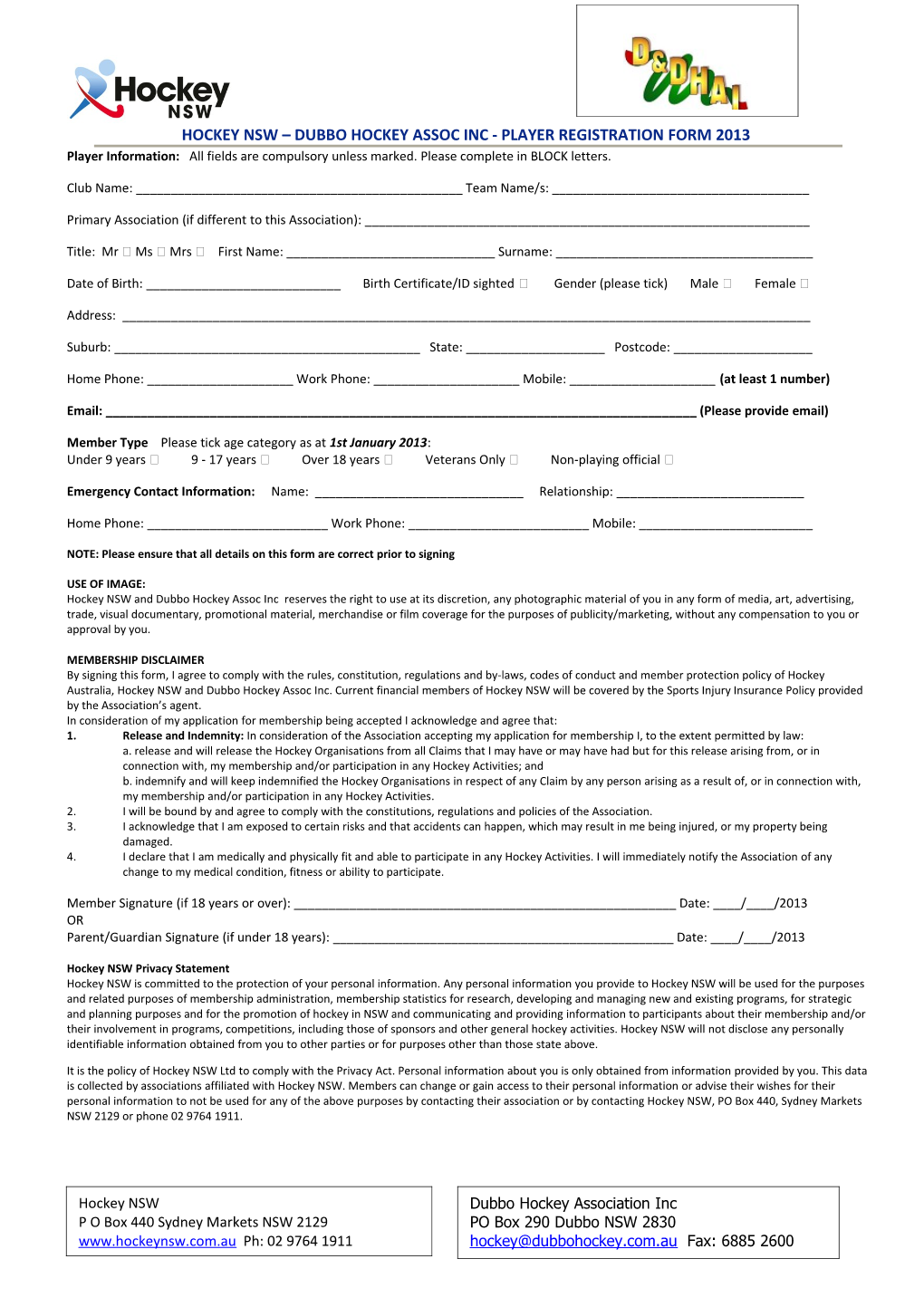 Hockey NSW Hockey Coffs Coast Player Registration Form 2010