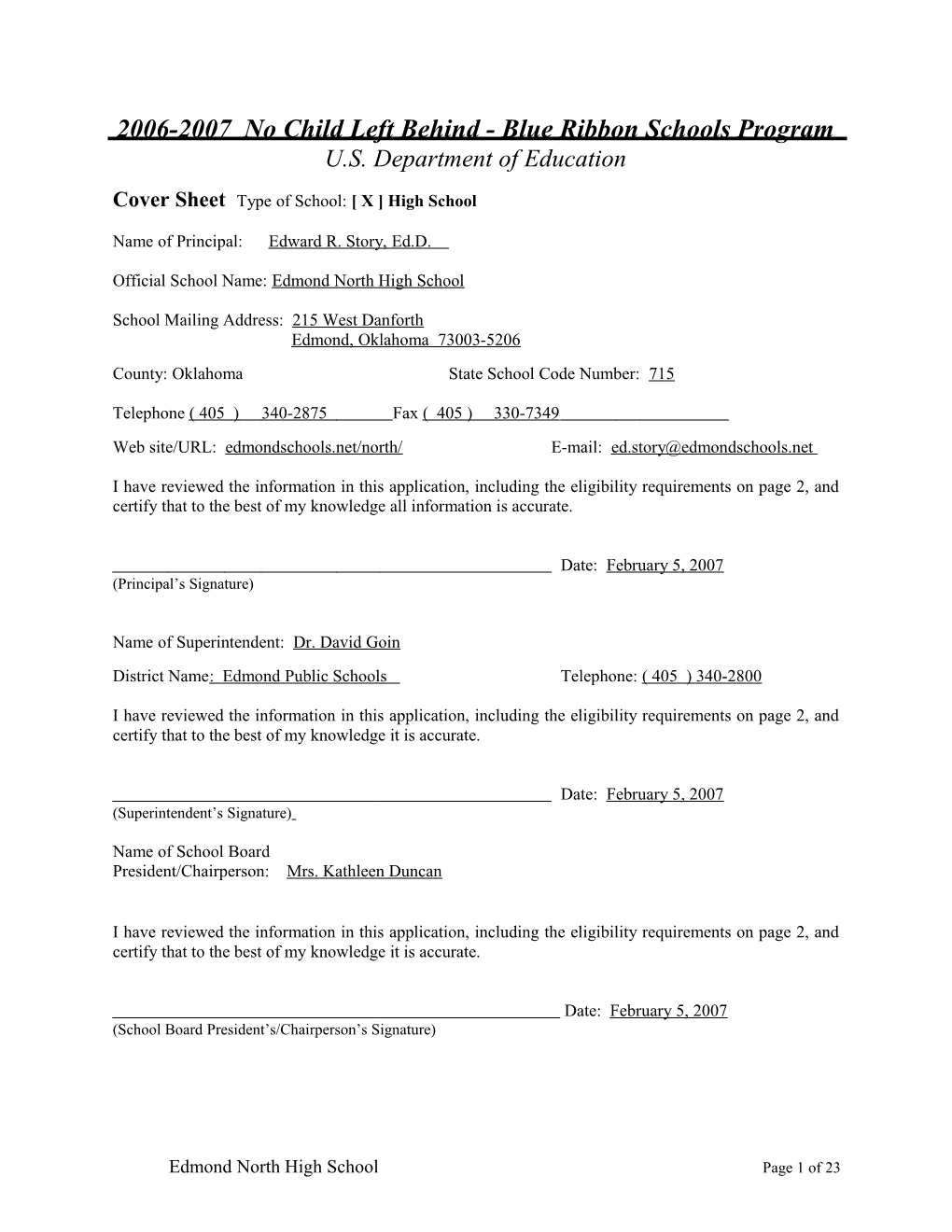 Application: 2006-2007, No Child Left Behind - Blue Ribbon Schools Program (MS Word) s1