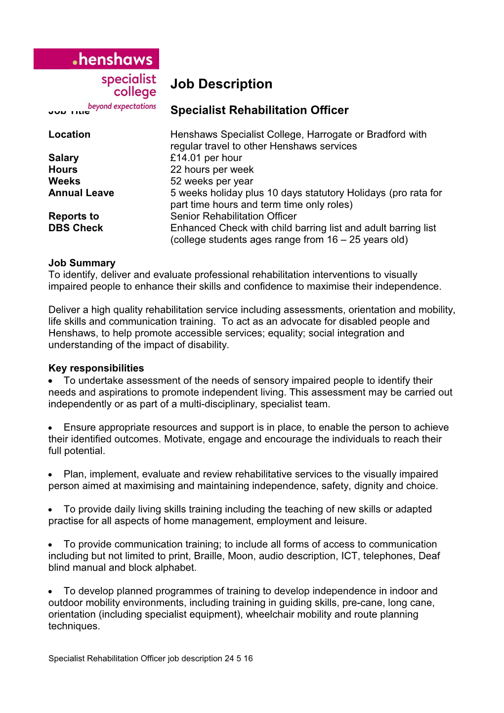 Job Title Specialist Rehabilitation Officer