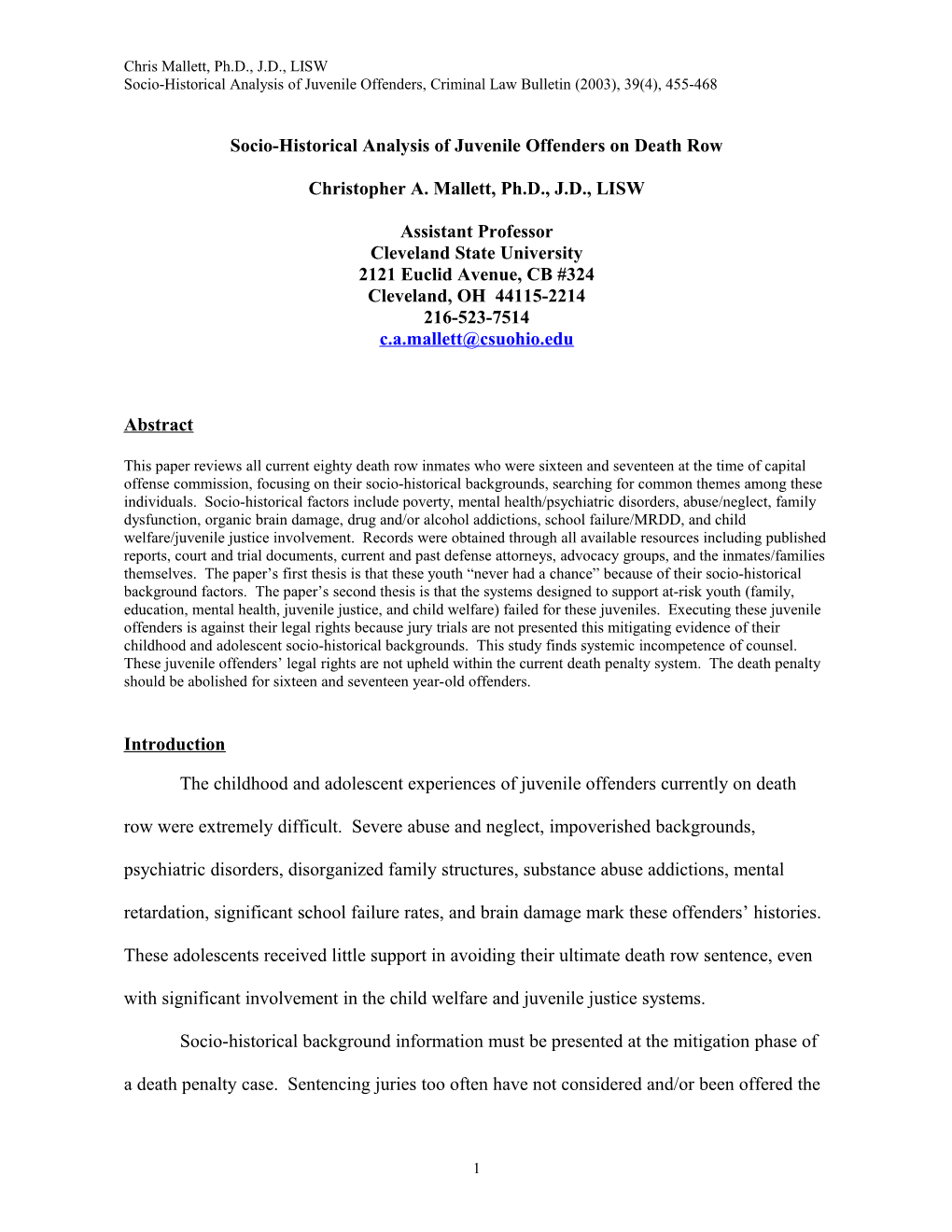 Socio-Historical Analysis of Juvenile Offenders on Death Row