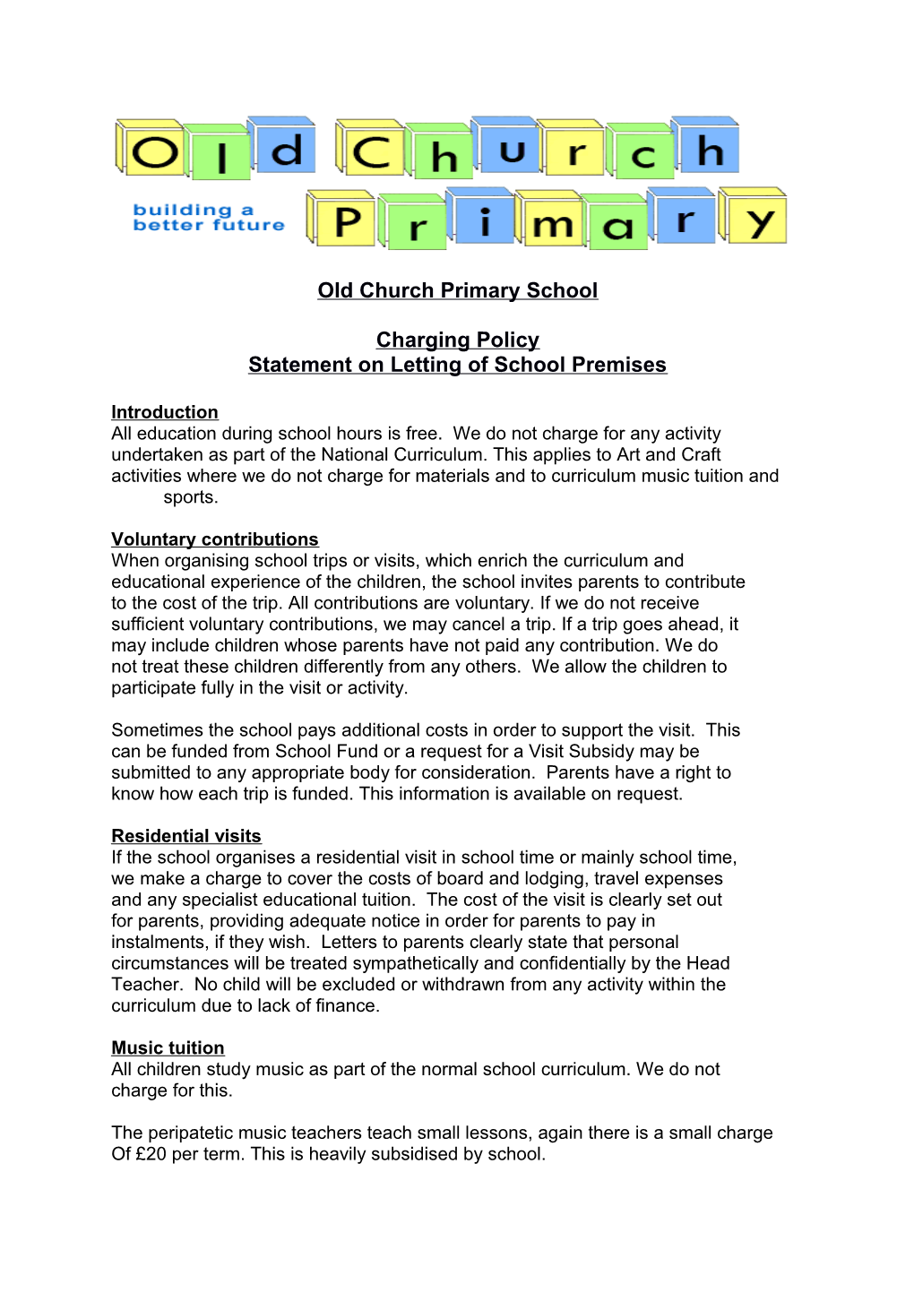 Statement on Letting of School Premises