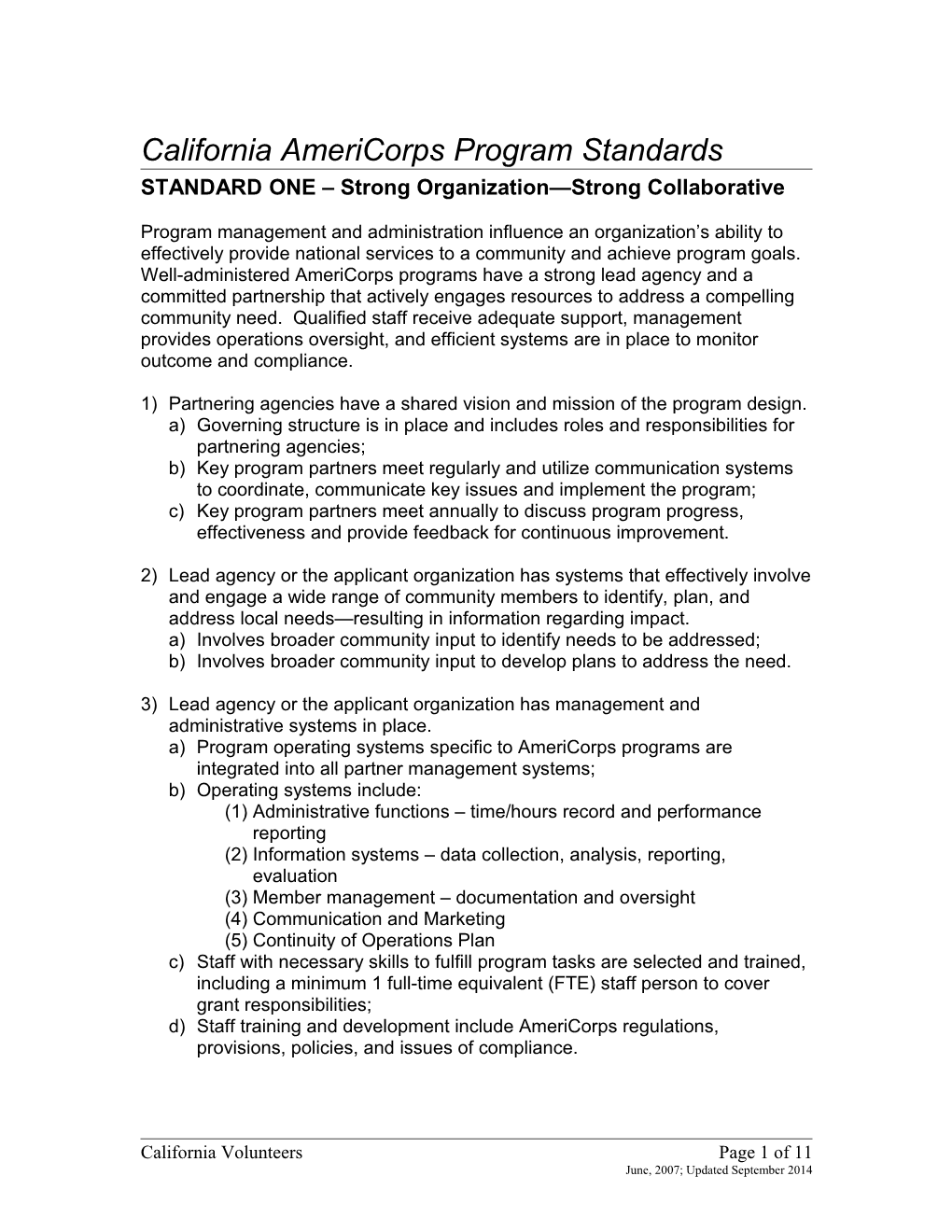 California Program Standards