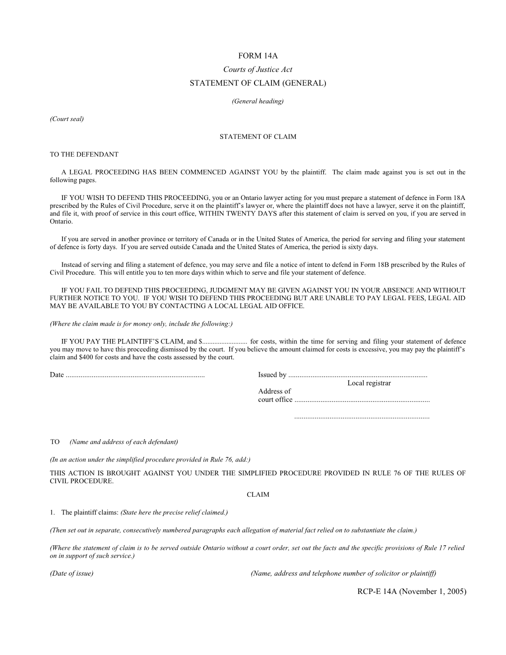Form 14A Statement of Claim (General)