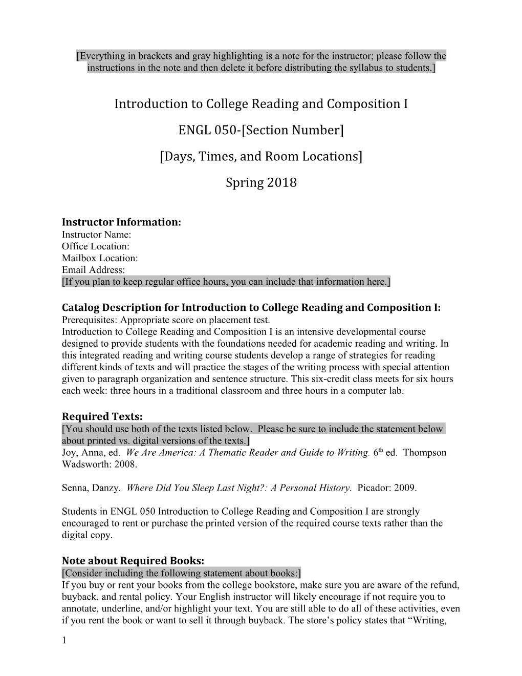 Introduction to College Reading and Composition I