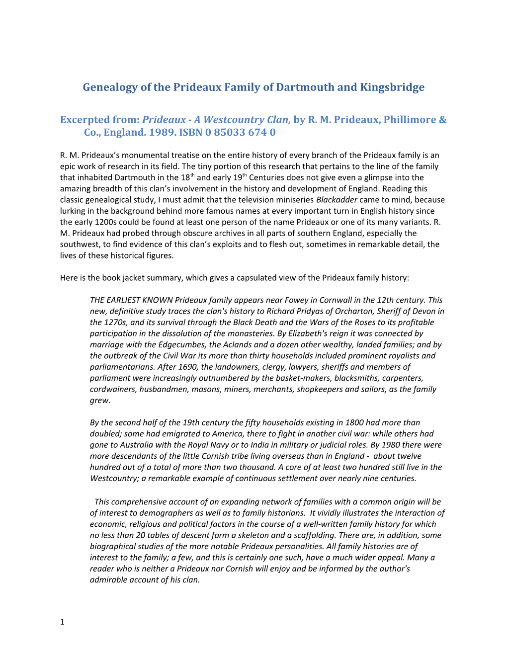 Genealogy of the Prideaux Family of Dartmouth and Kingsbridge