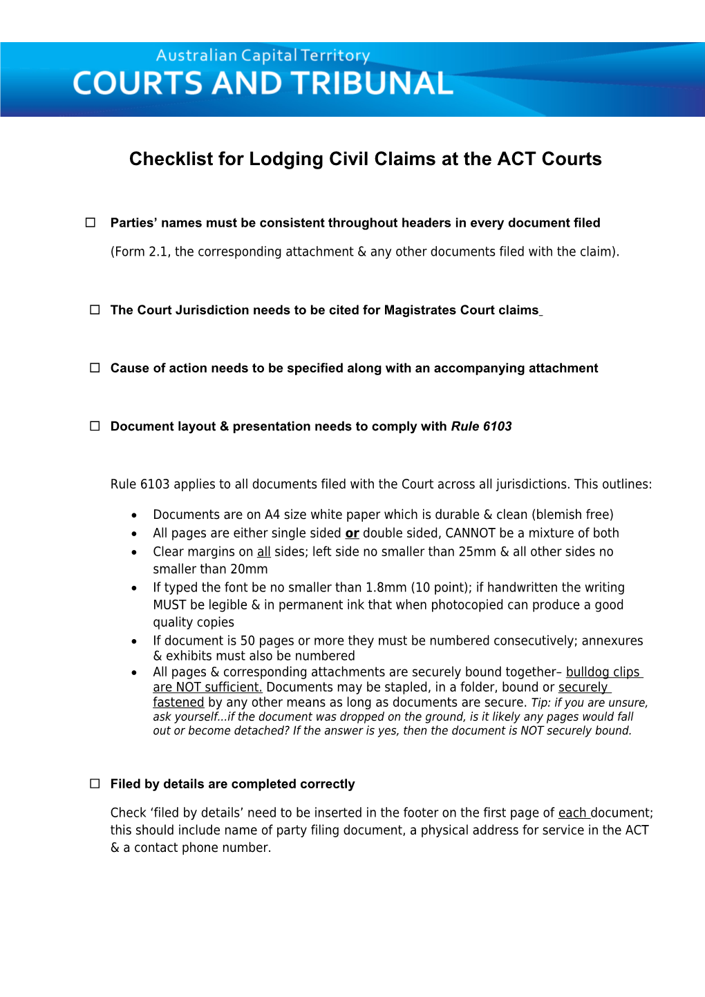 Checklist for Lodging Civil Claims at the ACT Courts