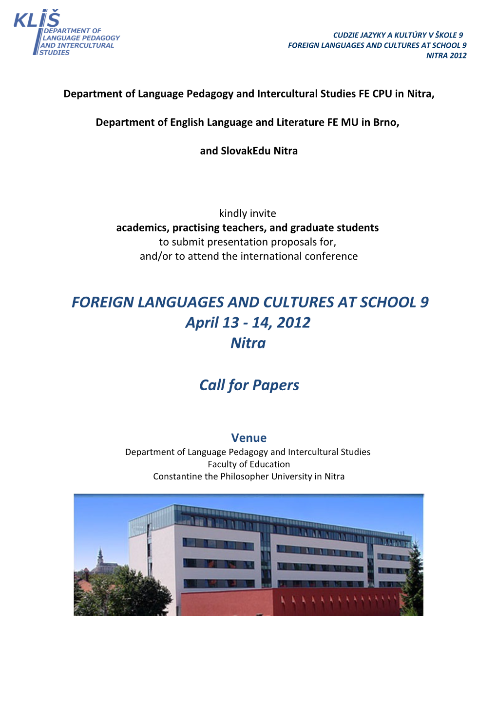 Department of Language Pedagogy and Intercultural Studies FE CPU Innitra