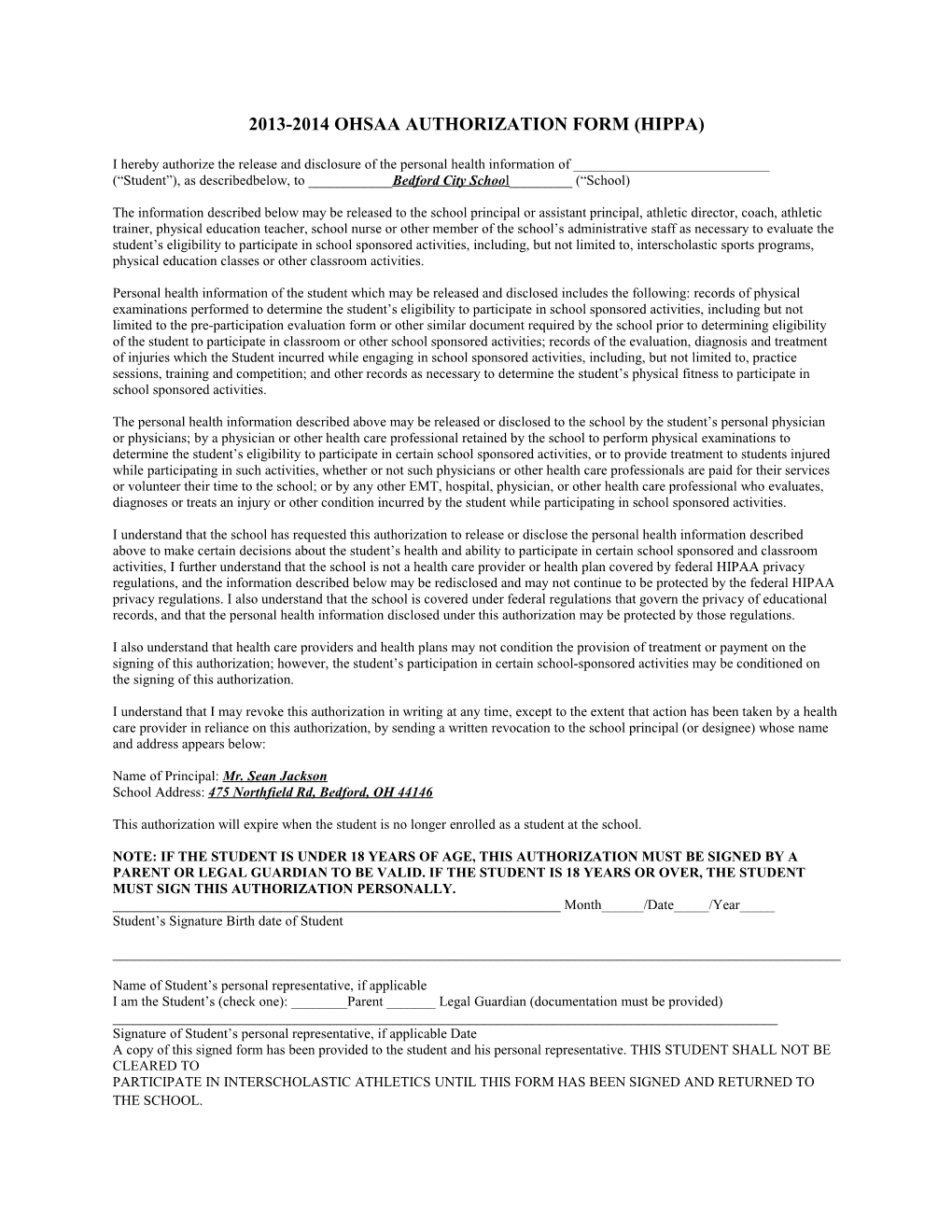 2013-2014 Ohsaa Authorization Form (Hippa)